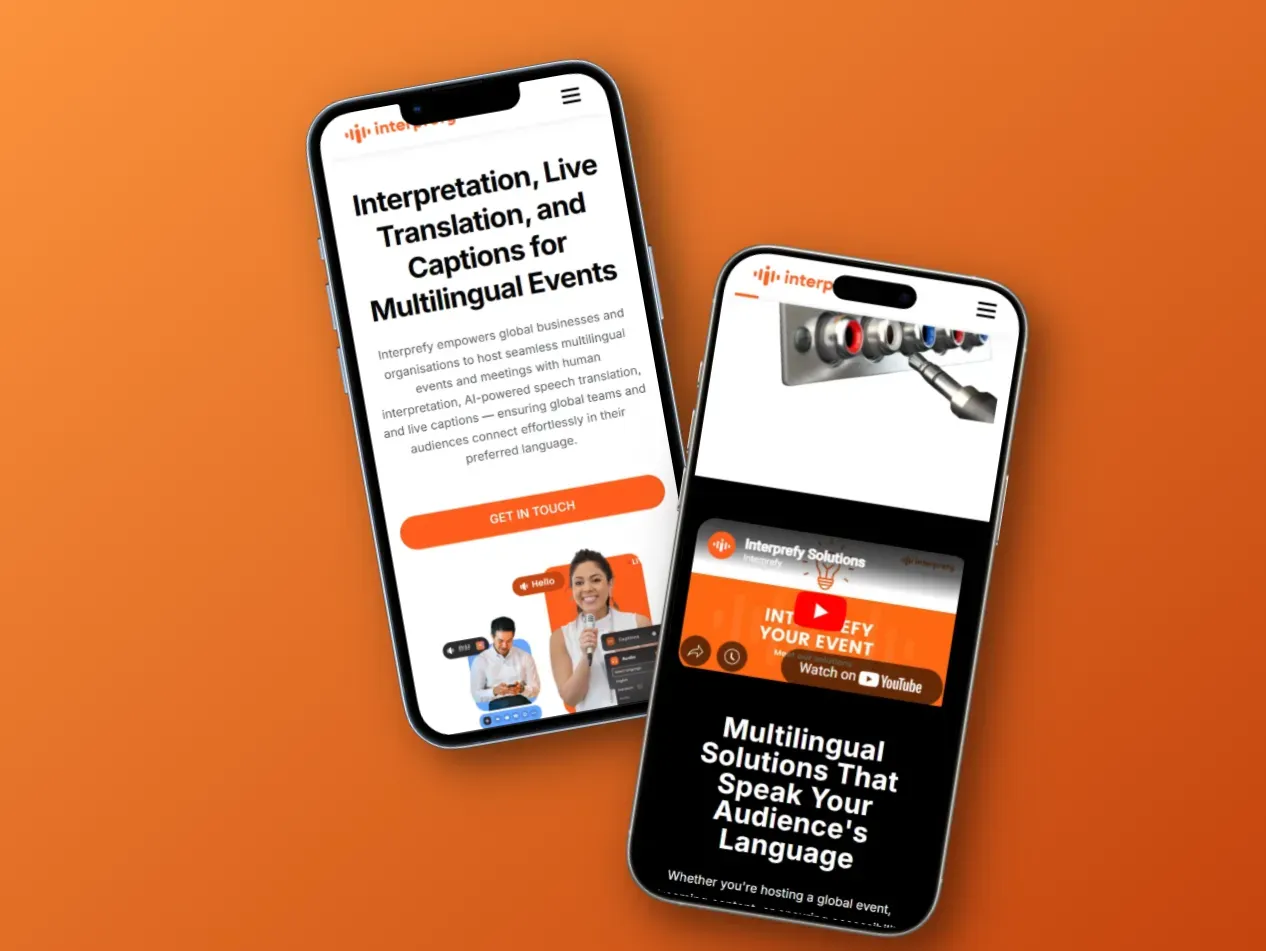 Two phones with the interprefy website: interpretation, live translation and captions for multilingual events