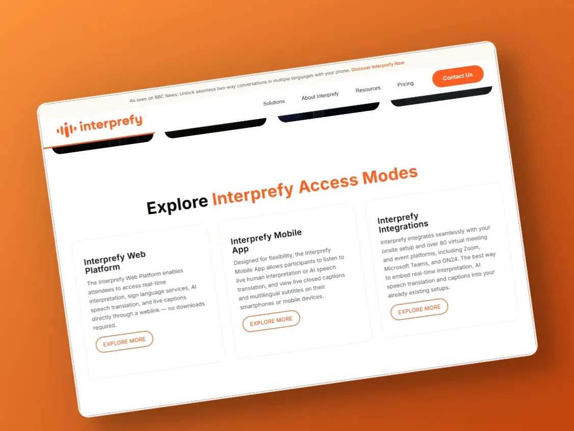 La sección de modos de acceso de interprefy: plataforma web, app móvil e integraciones