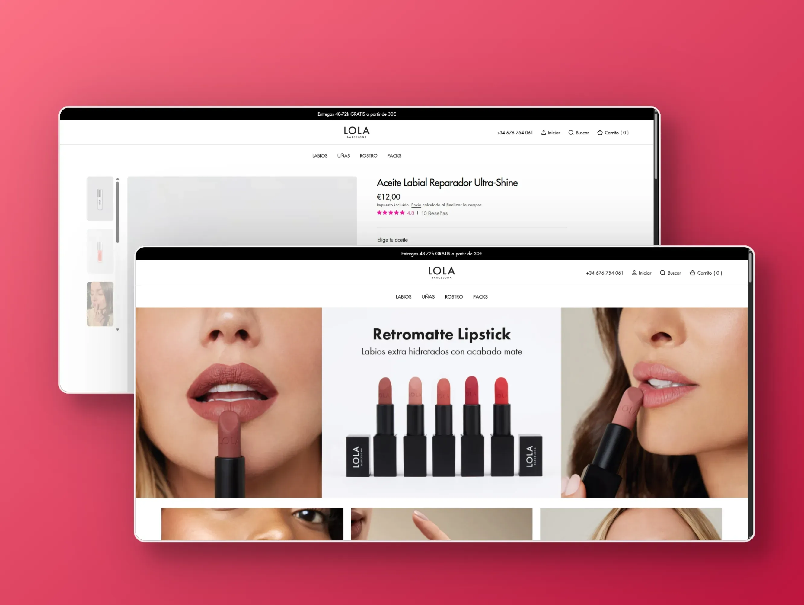The Lola Barcelona store on desktop and laptop, with the homepage product carousel