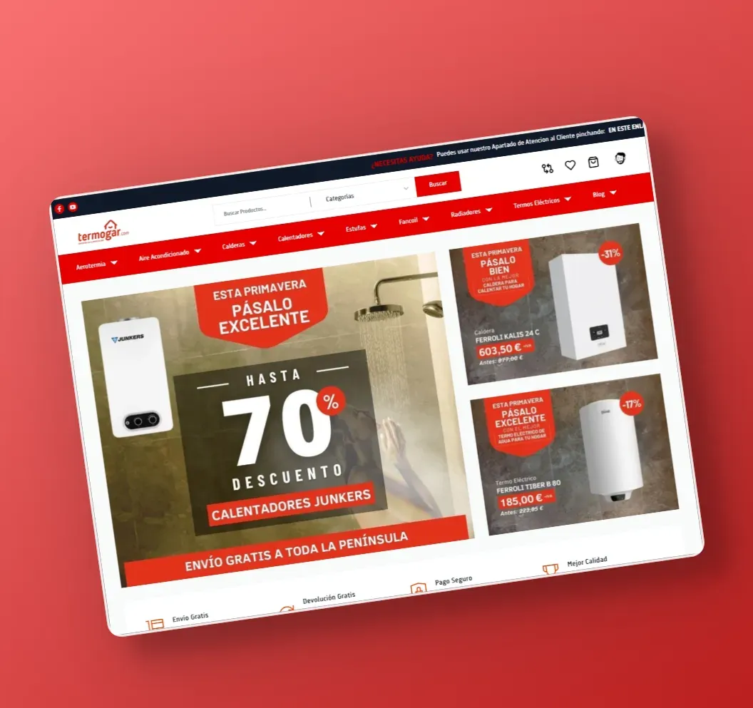 The Termogar store homepage on desktop, with the discount banners and the water heater carousel