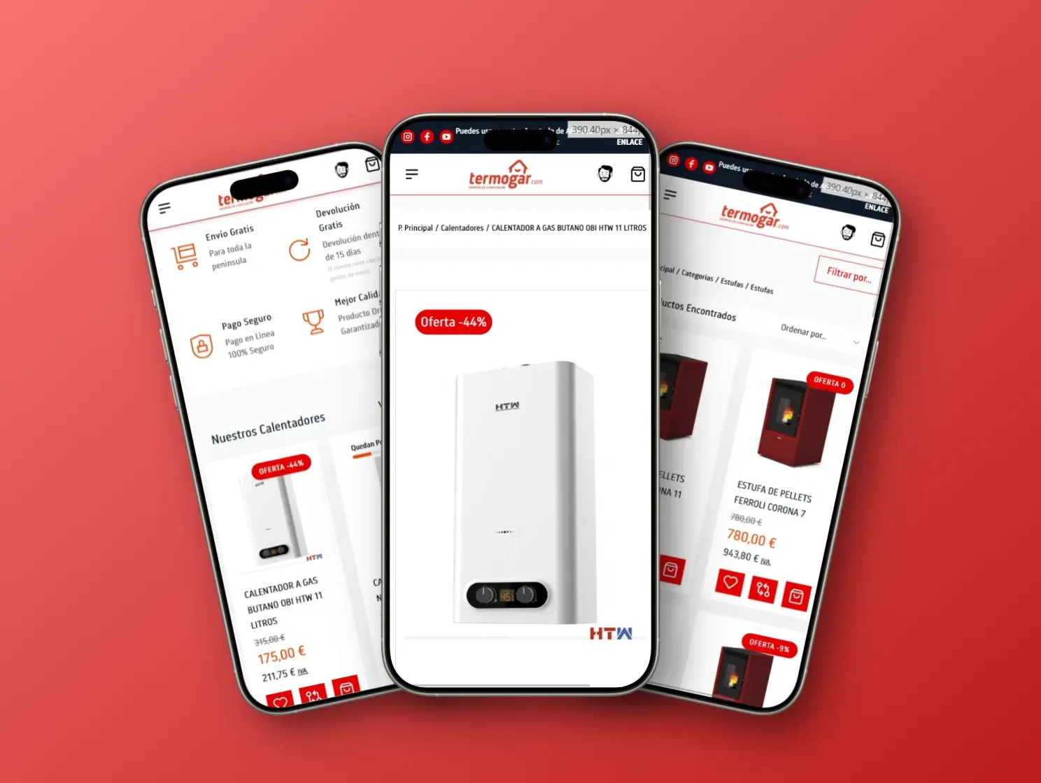 Termogar category and product pages on mobile, with discounted prices and a buy button