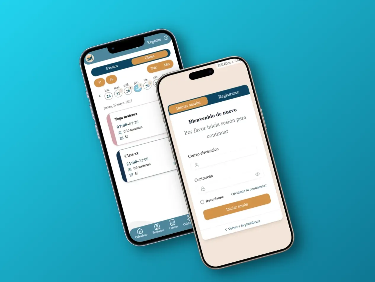 Two phones with the Yog-In app: the class schedule and the sign-up form for a session