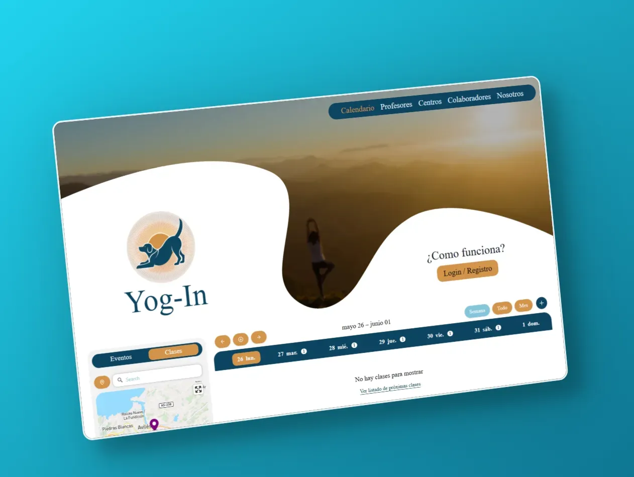 The Yog-In dashboard on desktop, with the class calendar and the sign-in panel